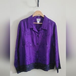Coldwater Creek 100% Silk Embroidered Button Down Top, Women's XL, Purple & Blk